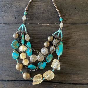 Fashion turquoise and gold tone layered necklace with adjustable chain PRETTY